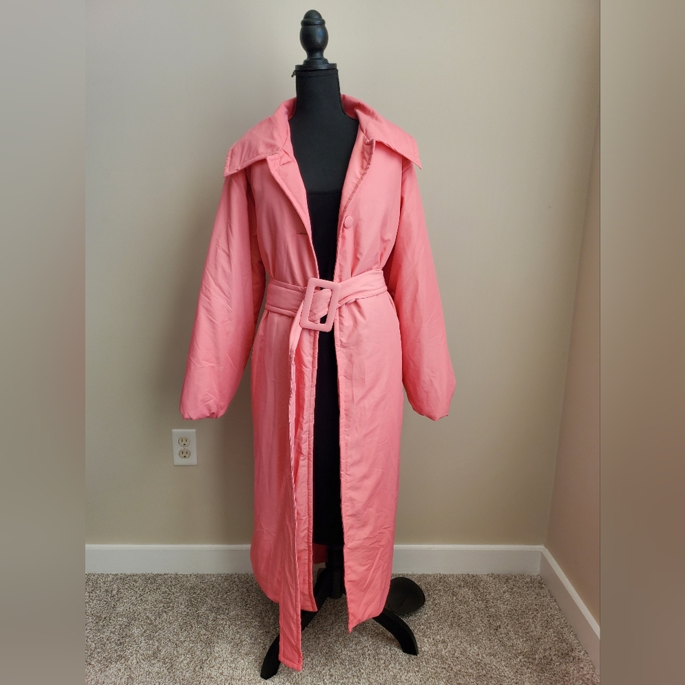 Miss Lola Pink Long Puff Coat. Size Large